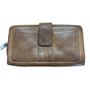 Fossil Brown Genuine Leather Zip Around Snap Clutch Wallet‎ Organizer